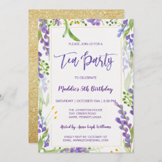 Tee Party Lavender Floral & Gold Geburtstagskarte Einladung