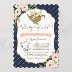 Tee-Party Luxus Blush und Navy Floral Baby Dusche Einladung