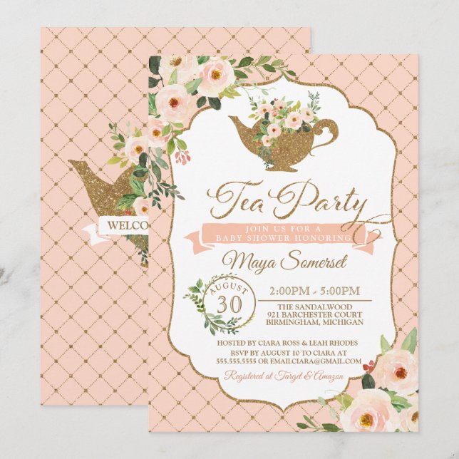 Tee-Party-Luxus errötet Blumenmädchen-Baby-Dusche Einladung (Vorne/Hinten)