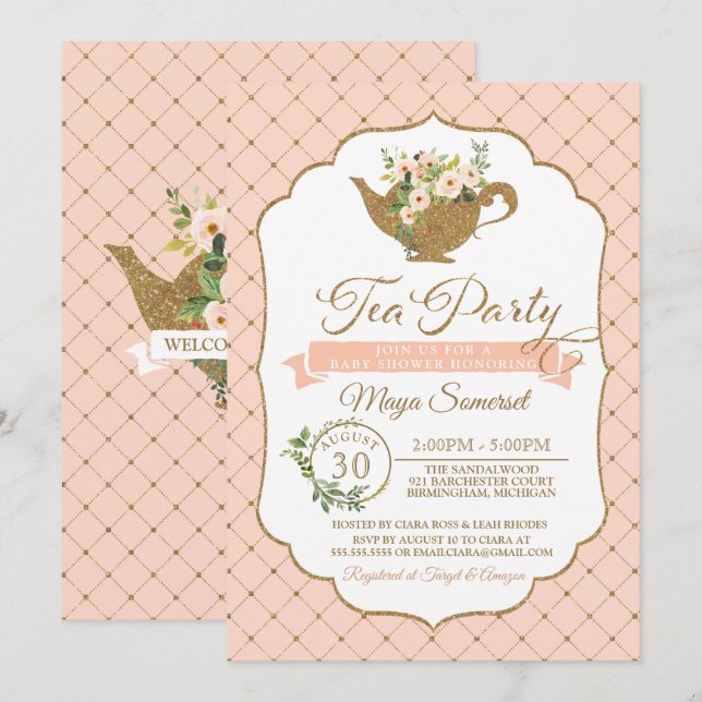Tee-Party-Luxus errötet Blumenmädchen-Baby-Dusche Einladung (Vorne/Hinten)