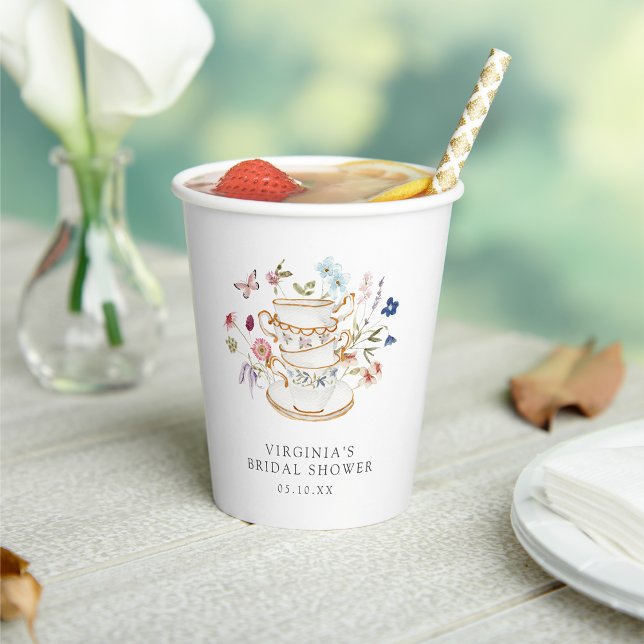 Tee-Party-Papiertasse Pappbecher (Bridal Shower Tea Party Paper Cup with Butterfly by Painted Paperie
)