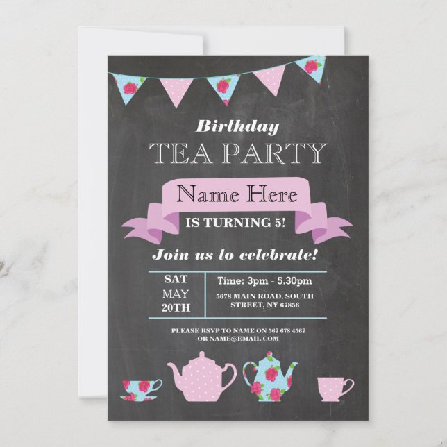 Tee-Party Teapot Alice im Wunderland Chalk Einladung (Vorderseite)