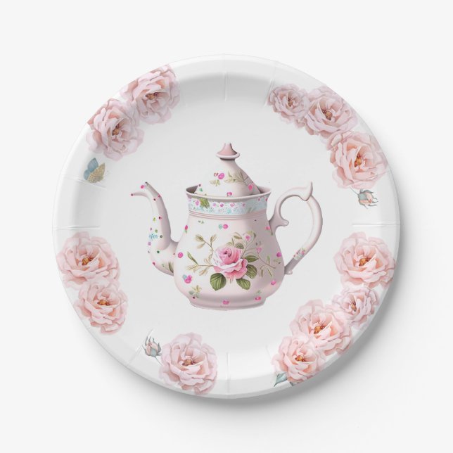 Tee-Party Teapot Teacups Rosa Blume Pappteller (Vorderseite)