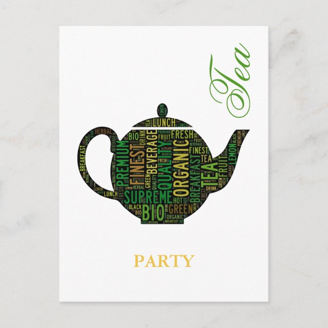 Tee-Party - Textdesign aus schwarzem Teekessel Postkarte (Vorderseite)