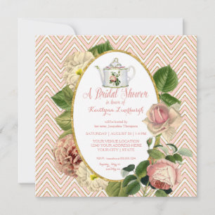 Tee-Party Vintage Rose Blumenkohl Gold Brautparty Einladung