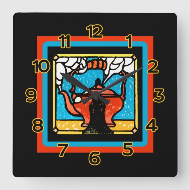 Tee-Pot in einem verketteten Glas Blick auf eine W Quadratische Wanduhr (Vorderseite)