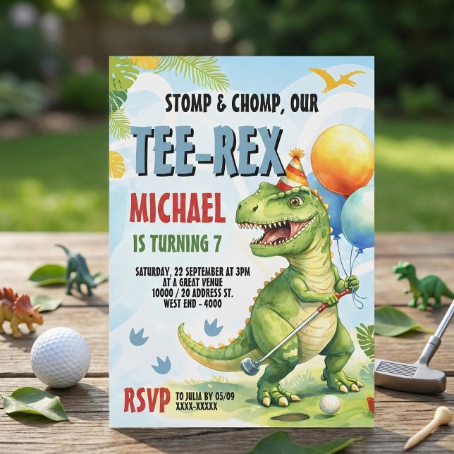 Tee-Rex Golf Dinosaur Mini Golf Birthday Party Einladung (Swing into action with this adorable "Tee-Rex" golf birthday party invitation! )