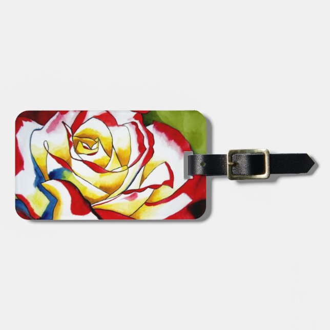 Tee Rose Aquarell Originale Kunst Blume Gepäckanhänger (Vorderseite horizontal)
