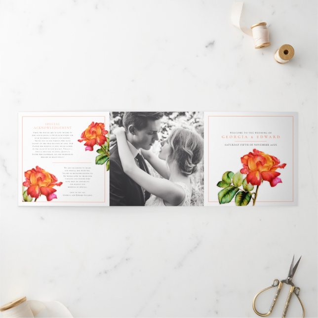 Tee Rose Orange gestreifte Blume Aquarellfarben Ho Dreifach-gefaltete Programmkarte (Außenbereich)