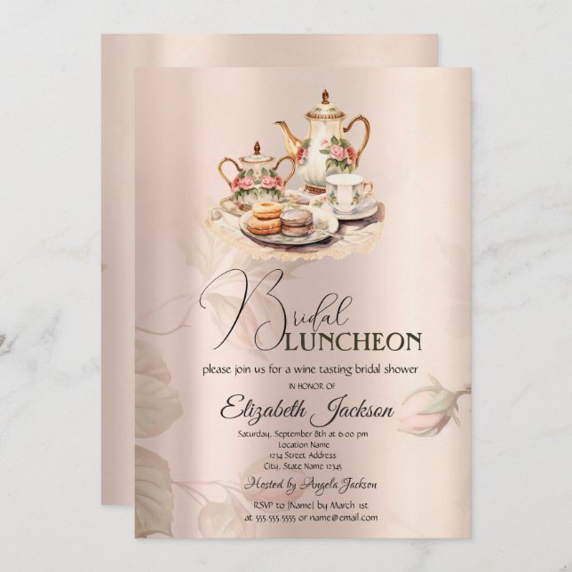 Tee Set Chic Rose Vintag Bridal Luncheon Einladung (Vorne/Hinten)