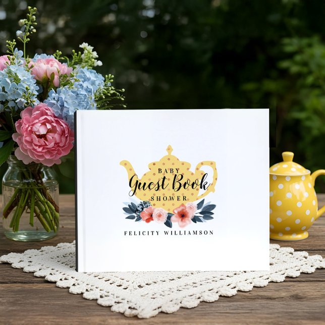 Tee-Tee-Party Gelbe Babydusche Gästebuch (Tea Pot & Floral Tea Party Yellow Baby Shower Guest Book)