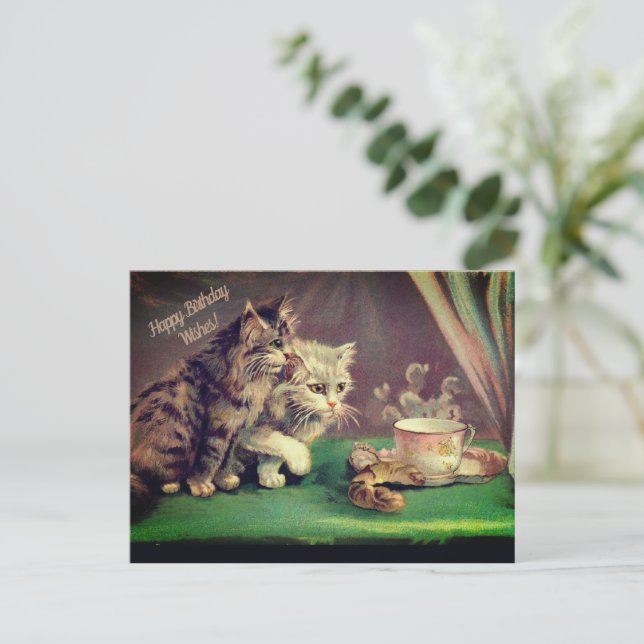 Tee Vintage Katzen Geburtstagswünsche| POSTCARD Feiertagspostkarte (Stehend Vorderseite)