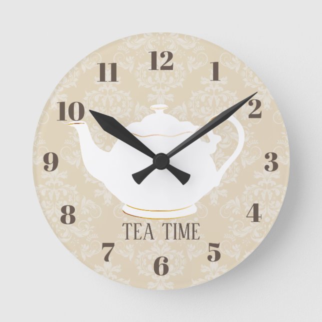 Tee-Zeit-eleganter Teekanne-Creme-Damast Runde Wanduhr (Vorderseite)