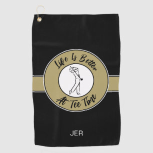 Tee Zeit Golfer Humor Sport Monogramm Schwarz Gold Golfhandtuch