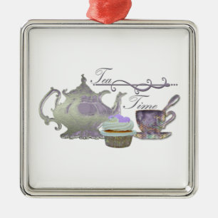 Tee-Zeit! Lila Teekanne-, Teacup-und Kuchen-Kunst Silbernes Ornament