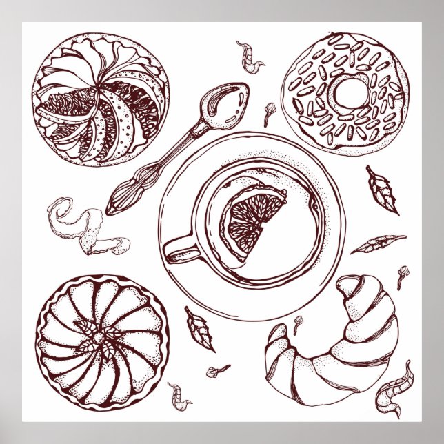 Teebecher, Gebäck, Croissant, Vintag, Handgemenge Poster (Vorne)