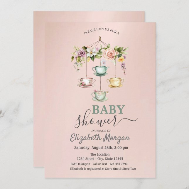 Teebecher mit Aquarellfarbe Blumenbecher Kinderdus Einladung (Vorne/Hinten)