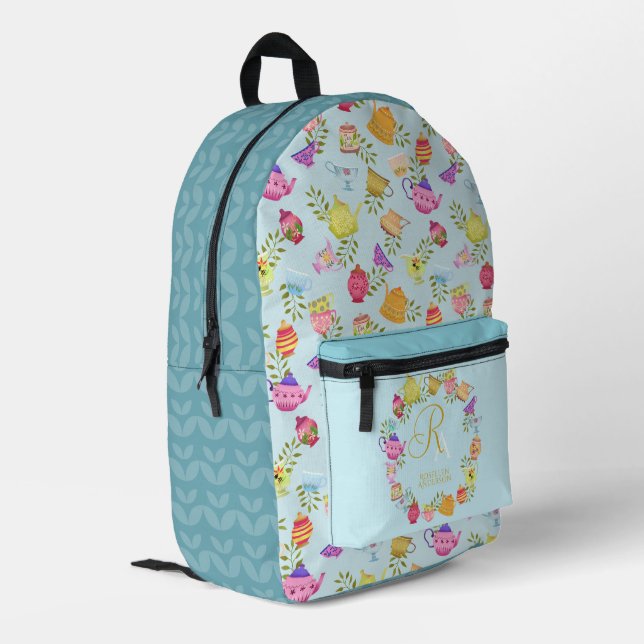 Teebeutel und Cups Monogramm Blau Bedruckter Rucksack (Rückseitige Ecke links)