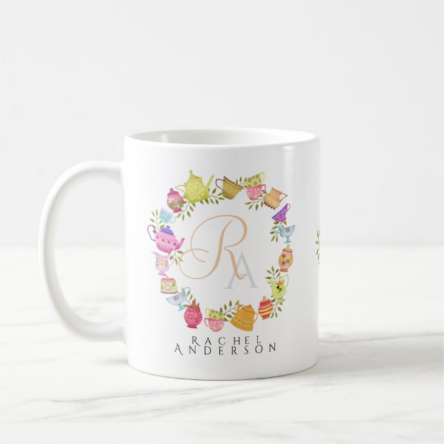Teebeutel und Monogramm-Tasse Kaffeetasse (Links)