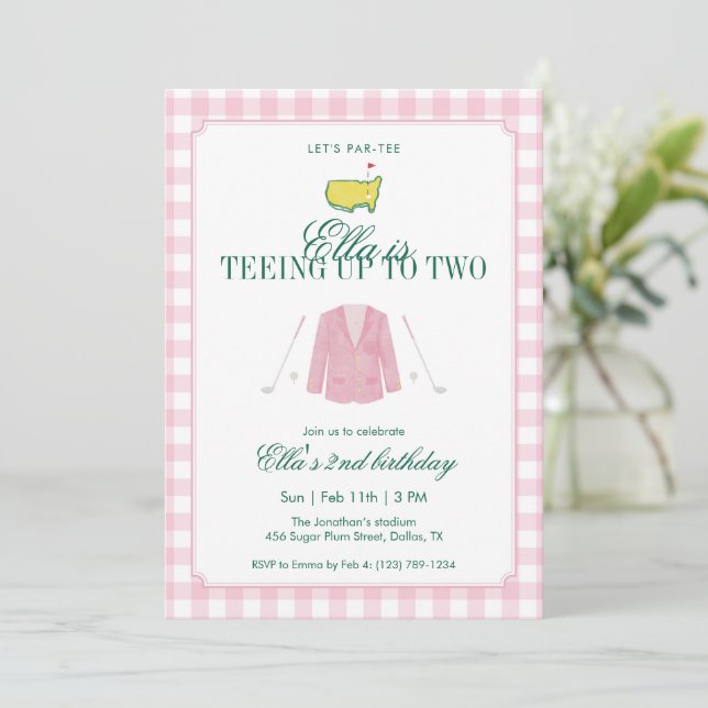 Teeing Up To Two Golf 2nd Birthday Pink Gingham Einladung (Stehend Vorderseite)