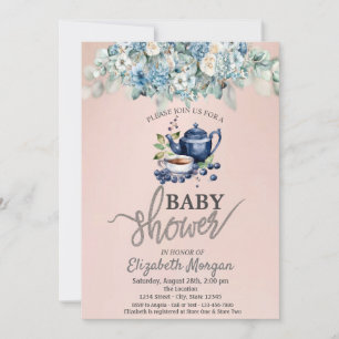 Teekanne Blaubeer-Blüten-Baby-Party Einladung