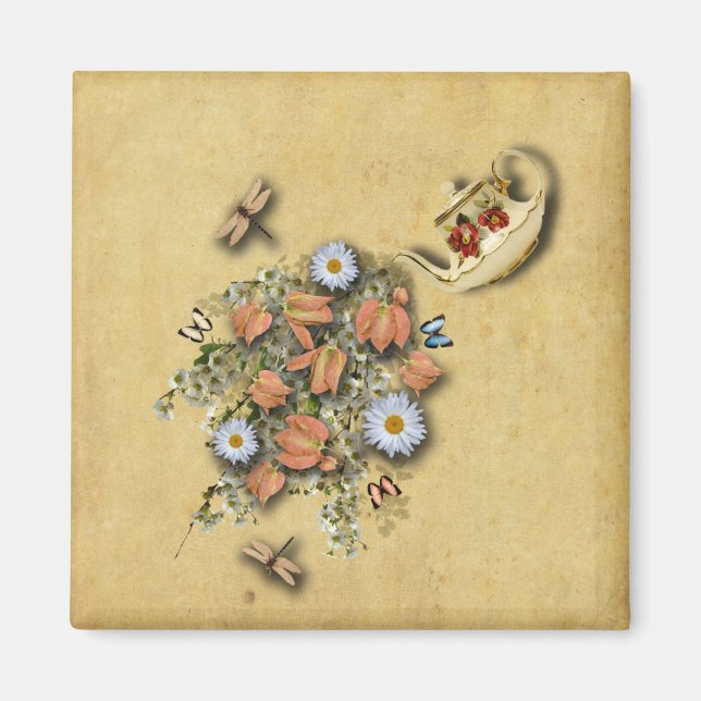 Teekanne mit Frühlingsdingen Magnet (Vorne)