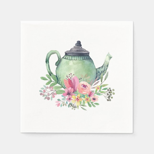 Teekanne mit grüner Wasserfarbe und Blumenkohl Serviette (Vorderseite)