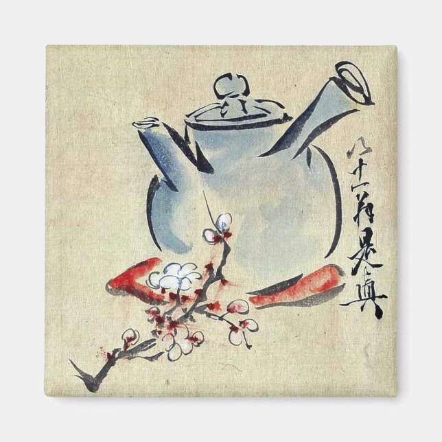 Teekanne mit Kirsche oder Pflaumenblüten Ukiyoe Magnet (Vorne)