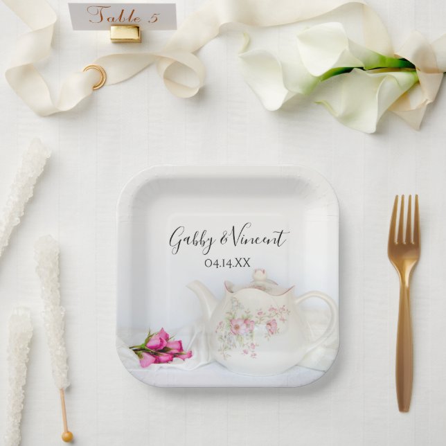 Teekanne mit rosa Rosen Hochzeit Pappteller (Hochzeit)