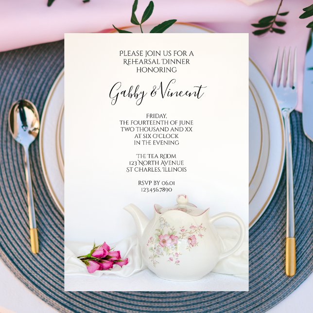Teekanne mit rosa Rosen Tee Party Probe Abendessen Einladung (Von Creator hochgeladen)