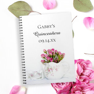 Teekanne mit rosa Roses Quinceañera Gästebuch Notizblock