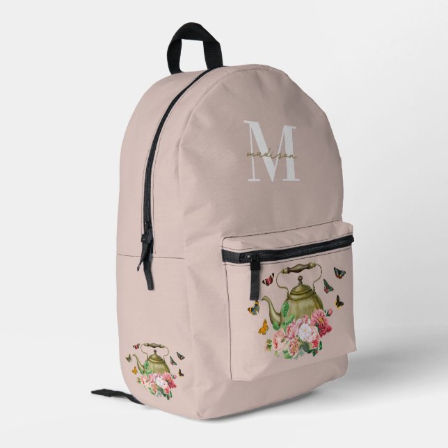 Teekanne Party Pink Floral & Butterfett Monogramm Bedruckter Rucksack (Rückseitige Ecke links)