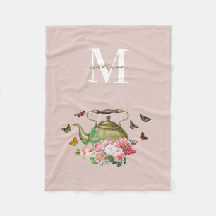 Teekanne Party Pink Floral & Butterfett Monogramm Fleecedecke