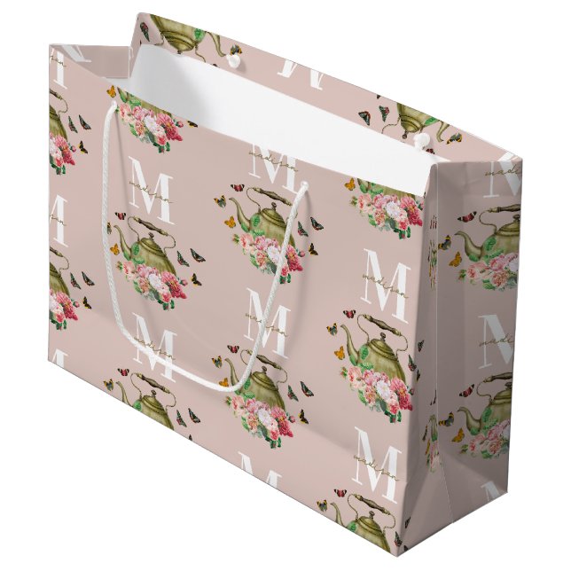 Teekanne Party Pink Floral & Butterfett Monogramm Große Geschenktüte (Vorderseite Schrägansicht)