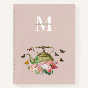 Teekanne Party Pink Floral & Butterfett Monogramm Notizbuch