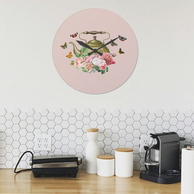 Teekanne Party Pink Floral & Schmetterlinge Küche Große Wanduhr (Teapot Party Pink Floral & Butterflies Kitchen Large Clock)