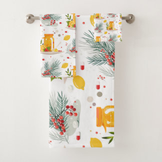 Teekanne, Zitrone, Tasse Tee und Blume Badhandtuch Set