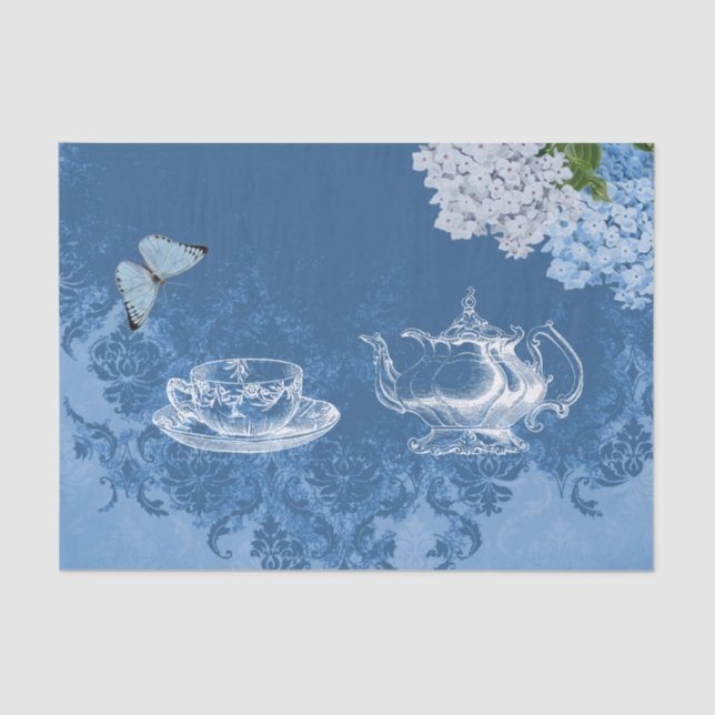 Teekannehydrangea-blaues Vintages Seidenpapier (Vorderseite)