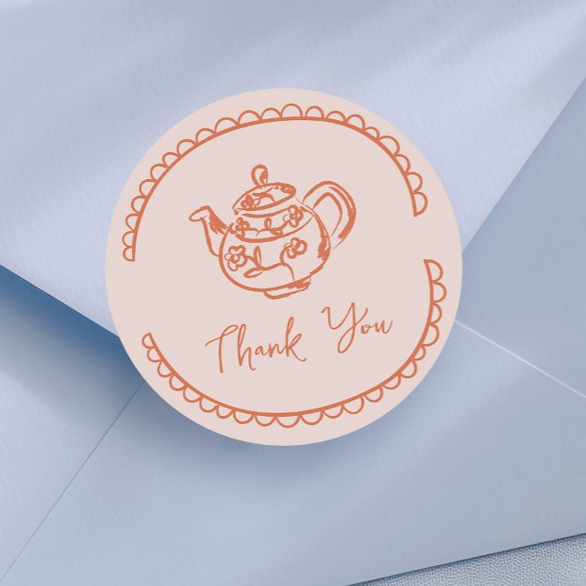 Teekannen-Doodle-Dankeschön-Geschenk Runder Aufkleber (cute tea pot doodle thank you sticker in peach)