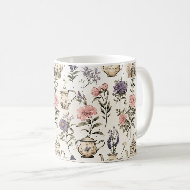 Teekannen und Blume im Garten - Charmantes Muster Kaffeetasse (VorderseiteRechts)