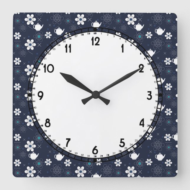 Teekannen und Blume Quadratische Wanduhr (Vorderseite)