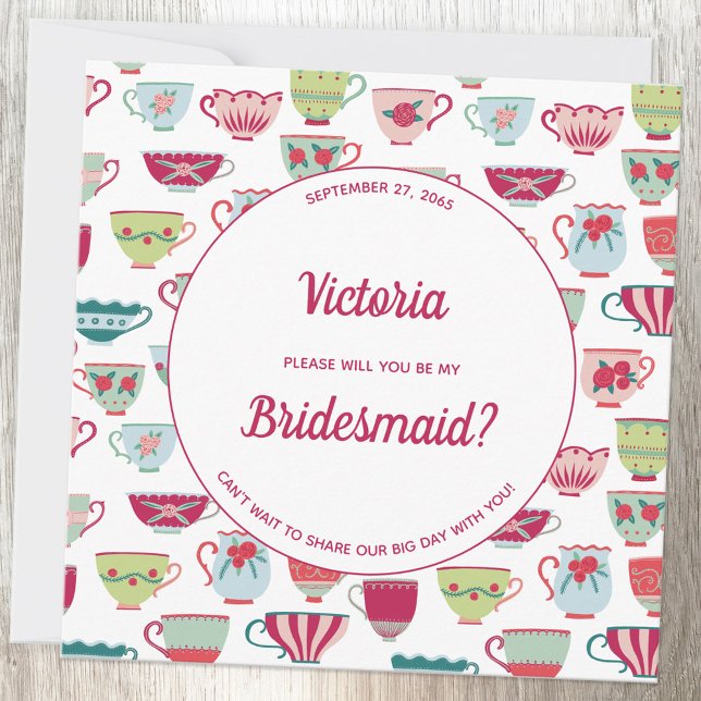 Teekuppen Moderne Vintag meine Brautjungfrau Einladung (Pretty vintage china tea cup pattern personalized will you be my bridesmaid card)