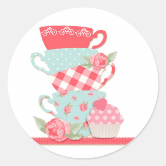 Teekuppen und Rose Runder Aufkleber