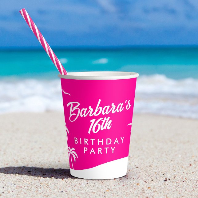 Teen Birthday Trendy Beach Hot Pink Sweet 16 Pappbecher (In Situ on beach)