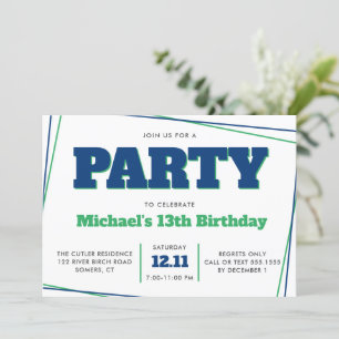 Teen Boy Geburtstag, 13 oder jedes Alter, blau grü Einladung