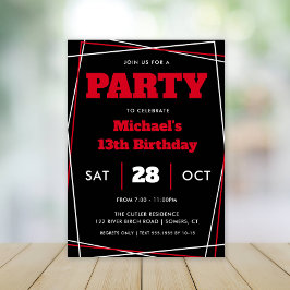 Teen Boy Geburtstag, 13 oder jedes Alter, rot schw Einladung