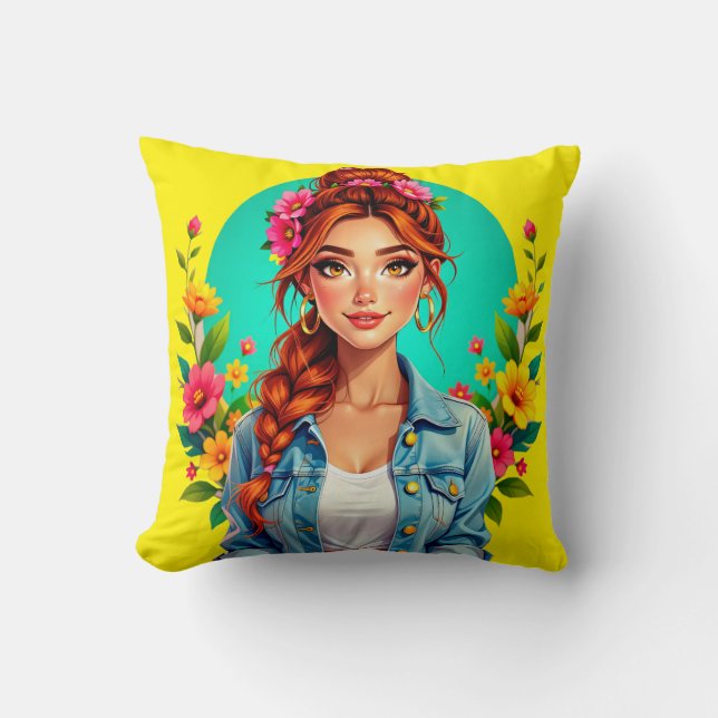 Teen Girl Ästhetik - Blumenportrait Cartoon Kissen (Vorderseite)