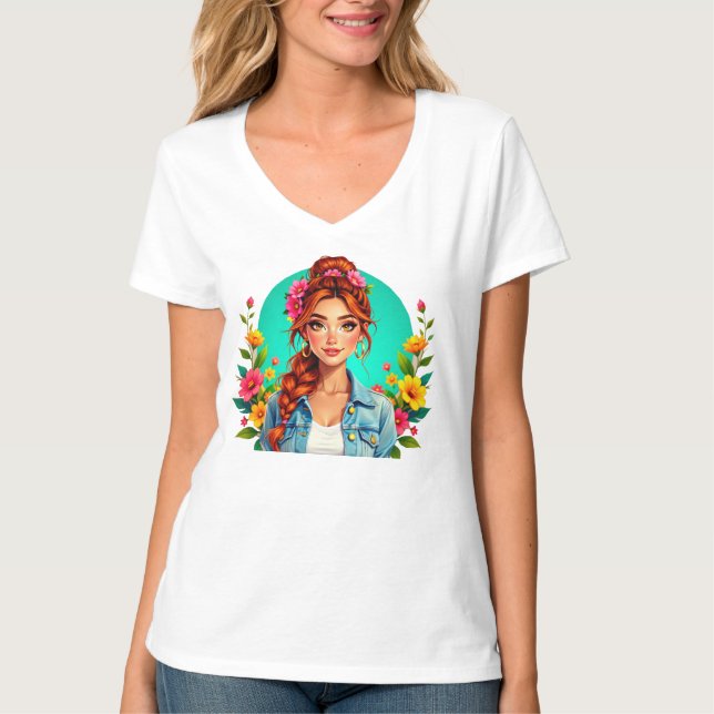 Teen Girl Ästhetik - Blumenportrait Cartoon T-Shirt (Vorderseite)