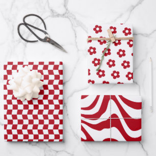 Teen Girl First Period Red Wavy Checkered Blume Geschenkpapier Set