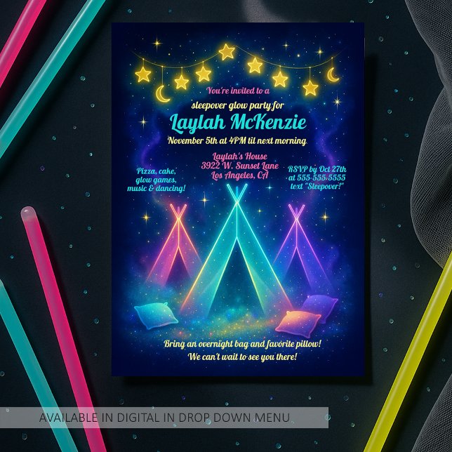 Teen Girl Glow Party Neon Teepee Slumber Party Einladung (Von Creator hochgeladen)